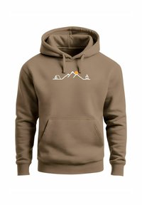Brown hoodie with front pocket featuring a white line drawing of mountains, tent, campfire, and an orange sun above the peaks.