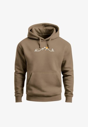Brown hoodie with front pocket featuring a white line drawing of mountains, tent, campfire, and an orange sun above the peaks.