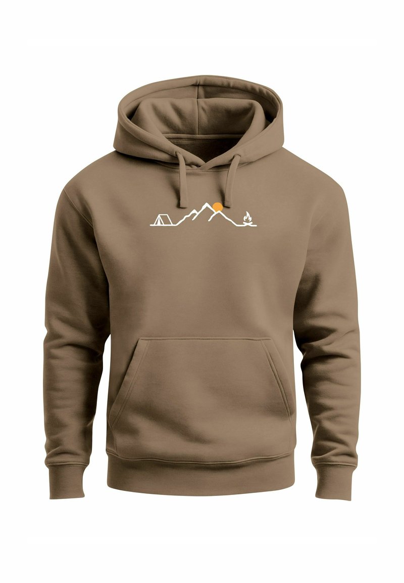 Brown hoodie with front pocket featuring a white line drawing of mountains, tent, campfire, and an orange sun above the peaks.