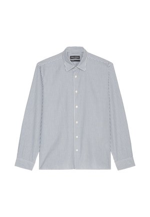 Blau-weiß gestreiftes Button-up-Hemd mit einem weit geschnittenen Kragen, langen Ärmeln und Kunststoffknöpfen. Weicher Stoff mit vertikalen Musterdetails.