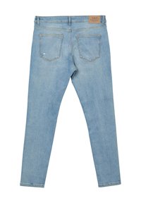 Jeans skinny blu chiaro con vita a media altezza, cinque tasche, cuciture a vista e una patch in pelle con il marchio sulla parte posteriore della cintura.