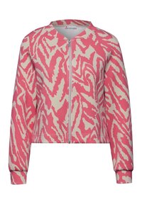 Ljusrosa och krämfärgad croppad jacka med ett djärvt zigzag-mönster, dragkedja fram och ribbade muddar. Tillverkad av ett mjukt, stretchigt material.