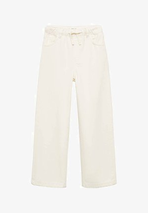 Hlače širokega kroja iz kremnega materiala, z elastičnim pasom in vrvico, dvema sprednjima žepoma ter gladko teksturo.