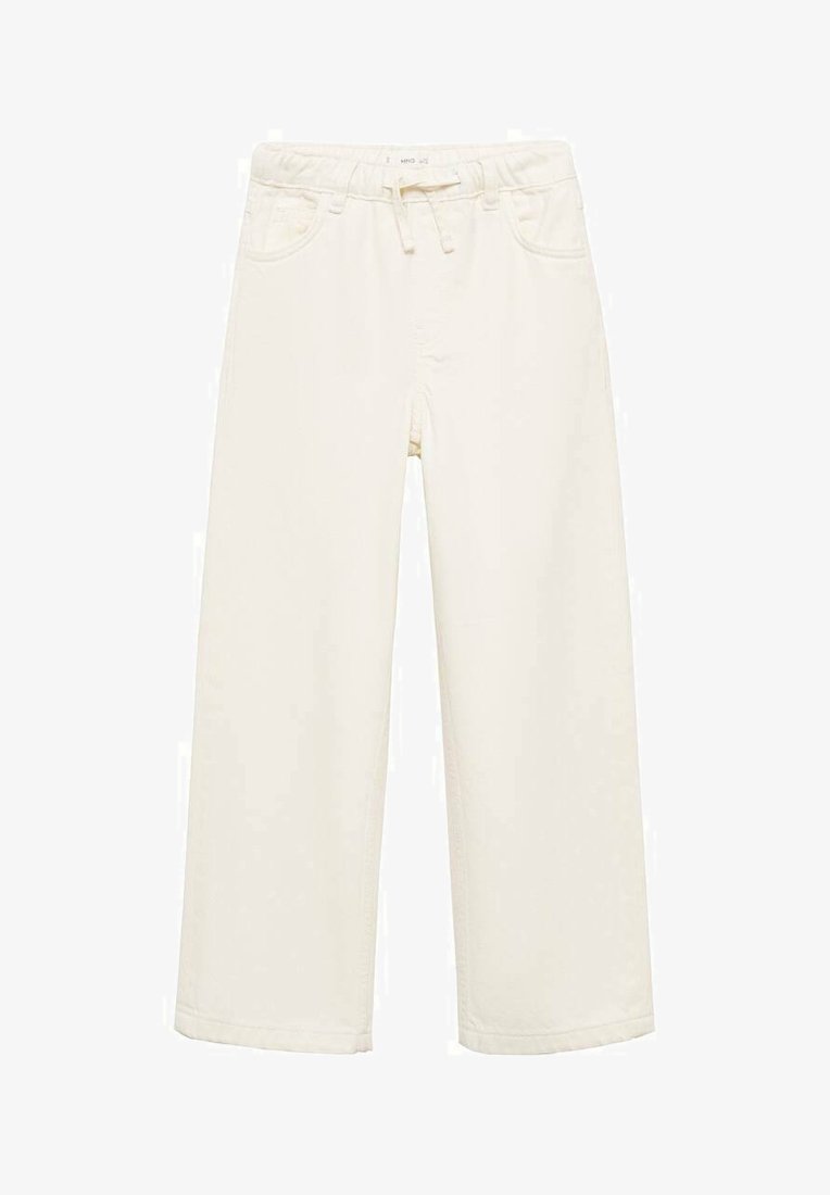 Hlače širokega kroja iz kremnega materiala, z elastičnim pasom in vrvico, dvema sprednjima žepoma ter gladko teksturo.