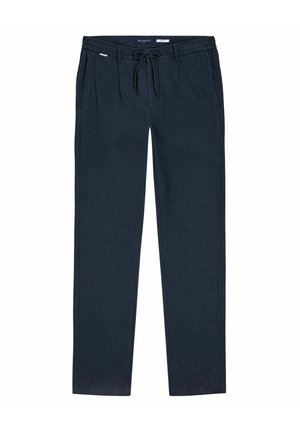 Pantalon bleu marine ajusté avec poches latérales, passants pour ceinture et fermeture avant à cordon, fabriqué en tissu léger.