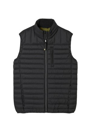 Black puffer vest with a high collar, horizontal quilted pattern, and a front zip closure. Features a left chest pocket and side pockets.