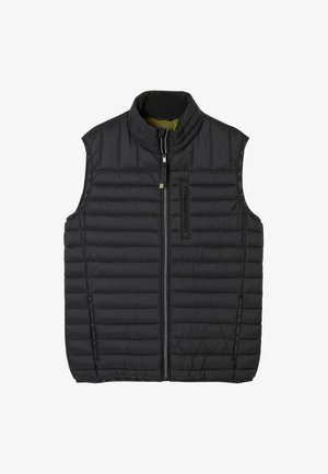 Black puffer vest with a high collar, horizontal quilted pattern, and a front zip closure. Features a left chest pocket and side pockets.