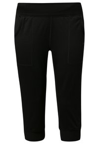 Pantalones jogger deportivos negros con un ajuste holgado, que cuentan con puños elásticos, dos bolsillos frontales y detalles sutiles de costura. Hechos de un material suave y elástico.