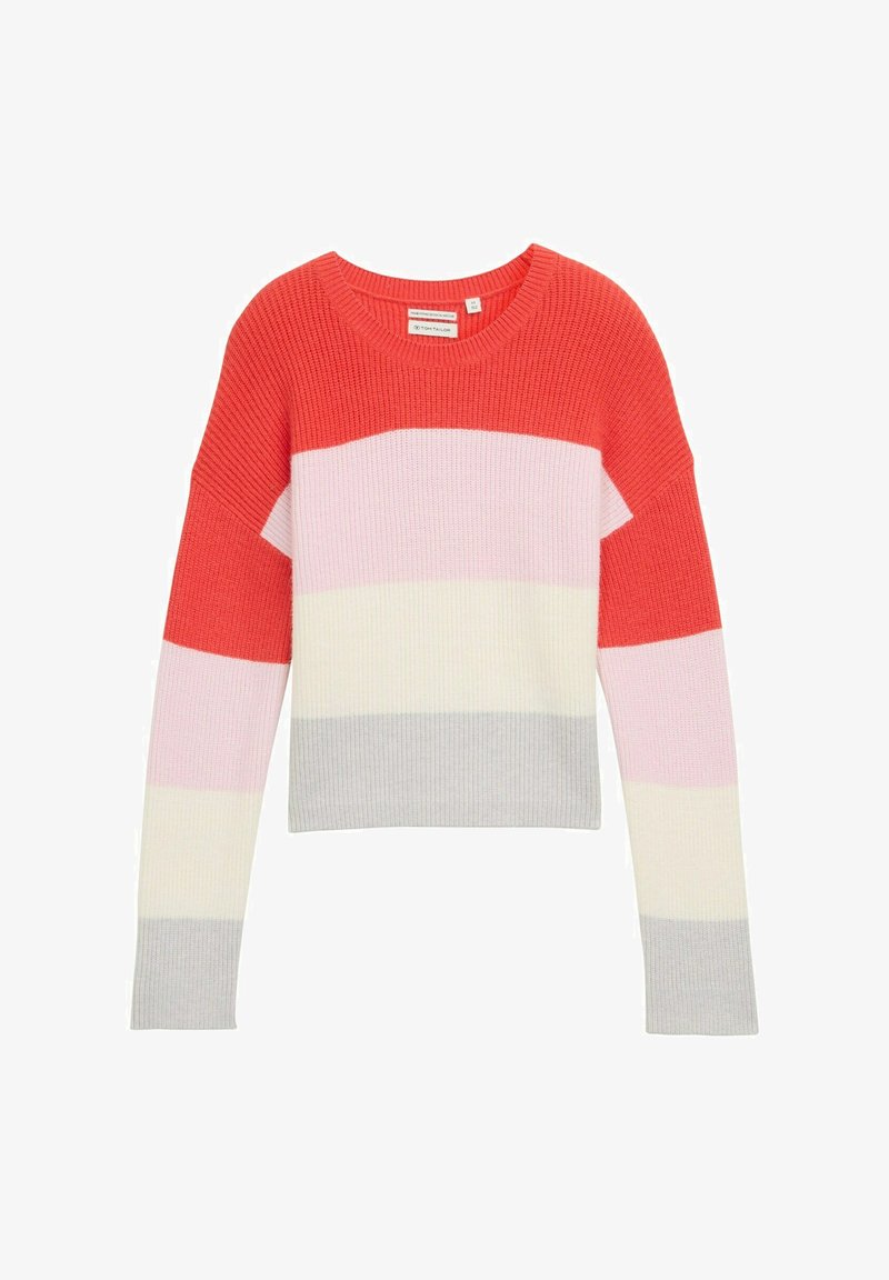 Knitted sweater featuring a crew neck, long sleeves, and horizontal stripes in coral, light pink, cream, and light gray.