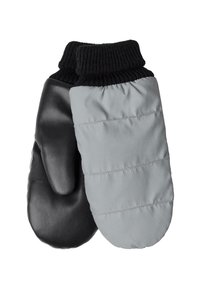 Gepolsterte Handschuhe aus schwarzem Leder und grauem Stoff, mit einem gestrickten schwarzen Bund und einer gesteppten Textur für Isolierung und Wärme.