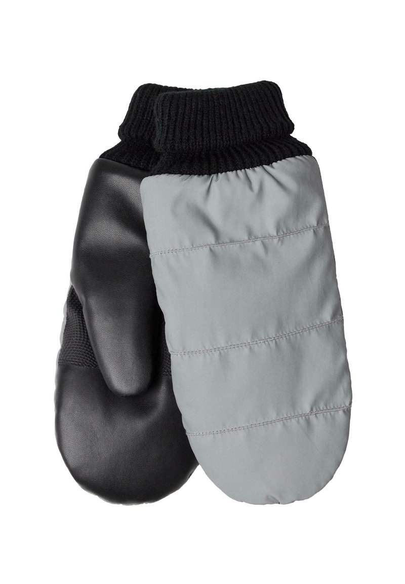 Gepolsterte Handschuhe aus schwarzem Leder und grauem Stoff, mit einem gestrickten schwarzen Bund und einer gesteppten Textur für Isolierung und Wärme.
