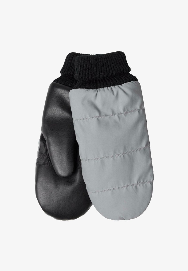 Gepolsterte Handschuhe aus schwarzem Leder und grauem Stoff, mit einem gestrickten schwarzen Bund und einer gesteppten Textur für Isolierung und Wärme.