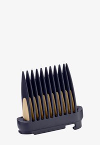 Peine de plástico con dientes alargados y puntiagudos; exterior azul oscuro con acentos beige; base rectangular; textura suave.