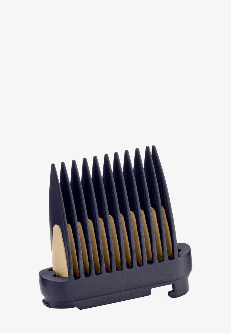 Peine de plástico con dientes alargados y puntiagudos; exterior azul oscuro con acentos beige; base rectangular; textura suave.