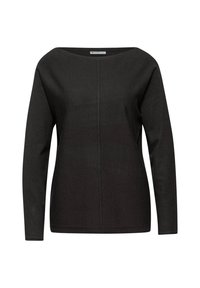 Maglietta nera a maniche lunghe con una scollatura ampia, design a barca, tessuto testurizzato e una cucitura centrale che attraversa la parte anteriore.