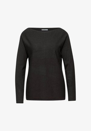 Haut noir à manches longues avec un large décolleté, au design bateau, en tissu texturé, et une couture centrale descendant sur le devant.