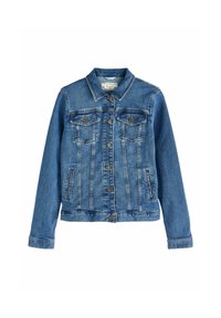 Blue denim jacket with metal buttons, two chest flap pockets, two side pockets, and a classic collar, laid flat on white background.