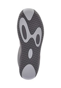 Gray shoe sole featuring textured rubber with patterned grooves and a smooth central section. Markings indicate shoe size.