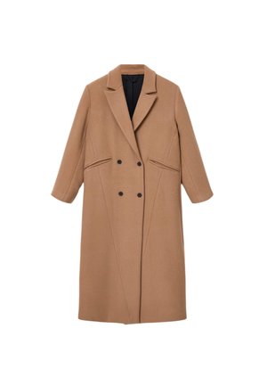 Manteau en mélange de laine marron avec une coupe ajustée, revers en notch, boutons double boutonnage et poches latérales. Texture lisse ; design à mi-mollet.