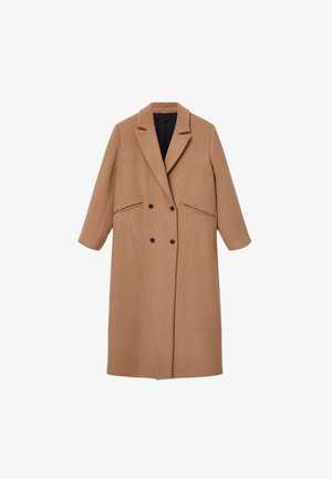 Brązowy płaszcz z wełny w mieszance z dopasowanym krojem, klapami, podwójnymi guzikami i bocznymi kieszeniami. Gładka tekstura; długość do kolan.