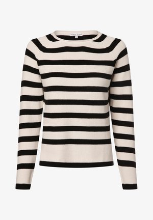 Pull en tricot à manches longues avec rayures horizontales noires et blanc cassé, col rond et texture côtelée.