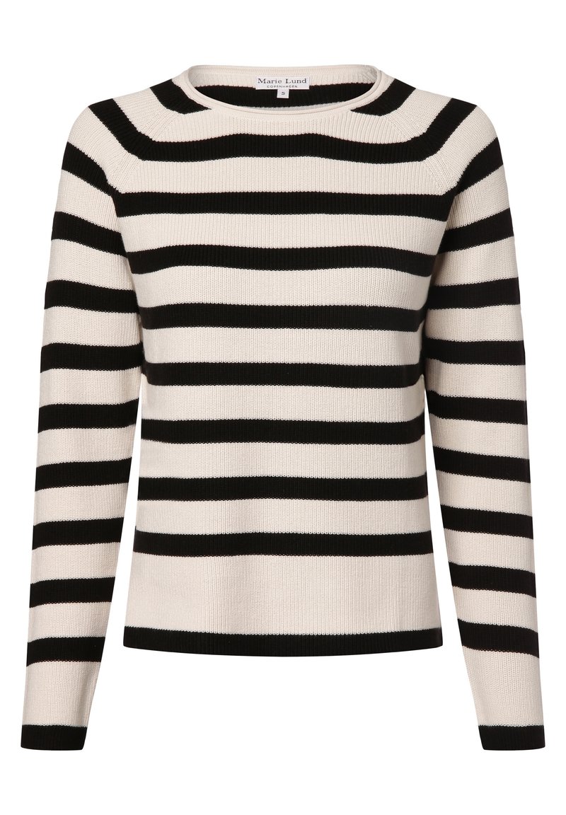 Pull en tricot à manches longues avec rayures horizontales noires et blanc cassé, col rond et texture côtelée.