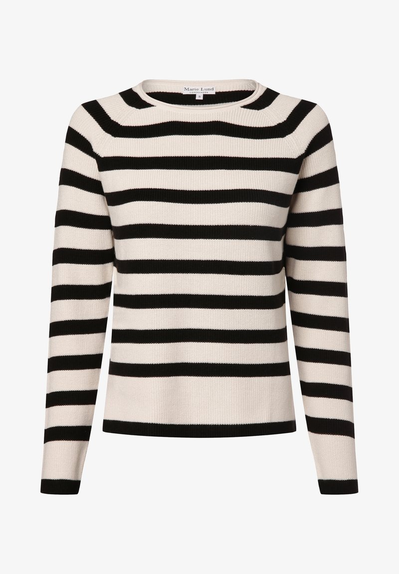 Pull en tricot à manches longues avec rayures horizontales noires et blanc cassé, col rond et texture côtelée.