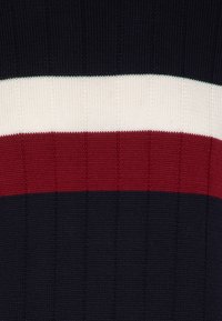 Pullover a coste di colore blu navy con righe orizzontali bianche e rosse. Tessuto testurizzato con un design classico. Adatto per un abbigliamento casual.