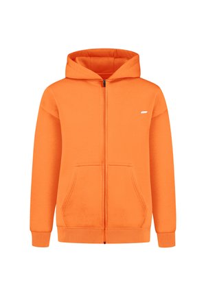 Oranger Reißverschluss-Hoodie aus weichem Material, mit einer Fronttasche und gerippten Bündchen. Enthält eine große Kapuze und ein kleines Logo-Detail.