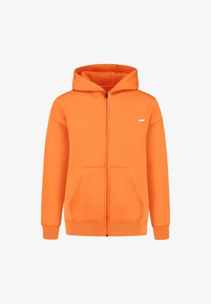 Orange zip-up hoodie lavet af blødt materiale, med en frontlomme og ribbede manchetter. Indeholder en stor hætte og en lille logo detalje.