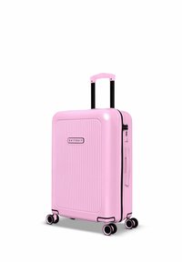 Roze hard-shell koffer met verticale ribbels, zwarte accenten en vier soepel rollende wielen. Uittrekbare handgreep bovenaan voor gemakkelijke transport.