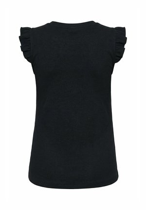 Musta hihaton toppi, jossa on resorit, röyhelökärjet olkapäillä, pyöreä pääntie ja suora helma.