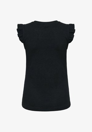 Haut noir sans manches en maille côtelée avec manches à volants, col rond et ourlet droit.