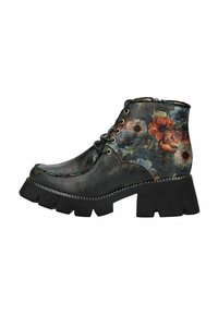 Bottines noires avec motif floral dans des nuances de rouge et de bleu. Elles possèdent une semelle épaisse et surélevée ainsi qu'une couture décorative le long du bord.