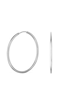 Orecchini a cerchio in argento con una superficie liscia e lucida, caratterizzati da un design sottile e circolare e un dettaglio di chiusura minimalista.