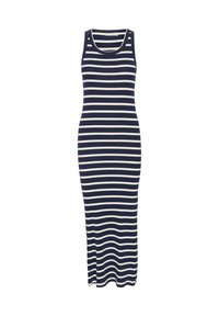 Robe maxi rayée en bleu marine et blanc. Présente une texture côtelée, un design sans manches et des fentes sur les côtés pour un confort de mouvement.
