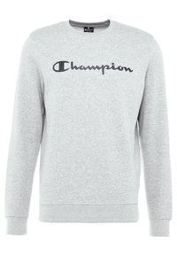 Felpa grigia chiara in misto cotone, con maniche lunghe, colletto a giro e logo "Champion" in grigio scuro sul petto.