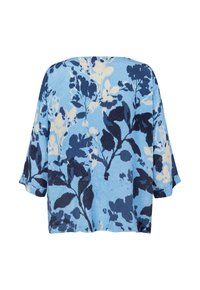 Halenka s květinovým potiskem ve světle modré barvě s námořnickými a krémovými akcenty. Měkká, texturovaná látka, široké rukávy a volný střih.