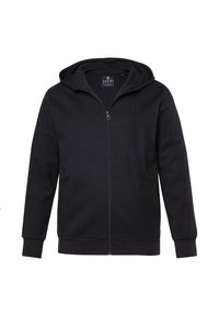Schwarze Zip-Hoodie aus weichem Stoff mit einem Frontreißverschluss, verstellbare Kapuze und gerippten Bündchen sowie Saum. Mit dezentem Logo-Detail.