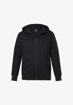 Czarna bluza z kapturem na zamek, wykonana z miękkiego materiału, z przednim zamkiem błyskawicznym, regulowanym kapturem oraz ściągaczami przy mankietach i dolnej krawędzi. Posiada subtelny detal z logo.