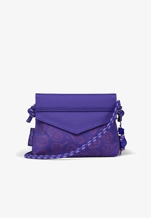 Purple fabric crossbody bag with a flap closure, patterned design, braided strap, and tassel accents. Smooth texture, durable material.