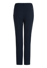 Navy modré kalhoty na míru s úzkým střihem, které mají dvě zadní kapsy a hladkou texturu, navržené pro elegantní vzhled.
