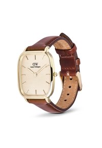 Rectangular gold-tone watch with cream textured dial and black markings. Brown leather strap with stitching and polished hardware accents.
