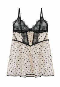 Černé krajkové spodní šaty s puntíkovaným vzorem na průhledné nude tkanině. Vybavené tenkými ramínky a volánkovou sukní. Hladká textury po celé délce.