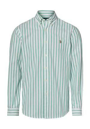 Langärmliges Hemd mit vertikalen grünen und weißen Streifen, Button-Down-Kragen und kleinem besticktem Logo auf der linken Brust.