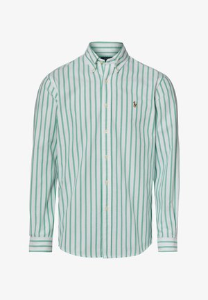 Overhemd met lange mouwen met verticale groene en witte strepen, knoopkraag en klein geborduurd logo op de linkerborst.