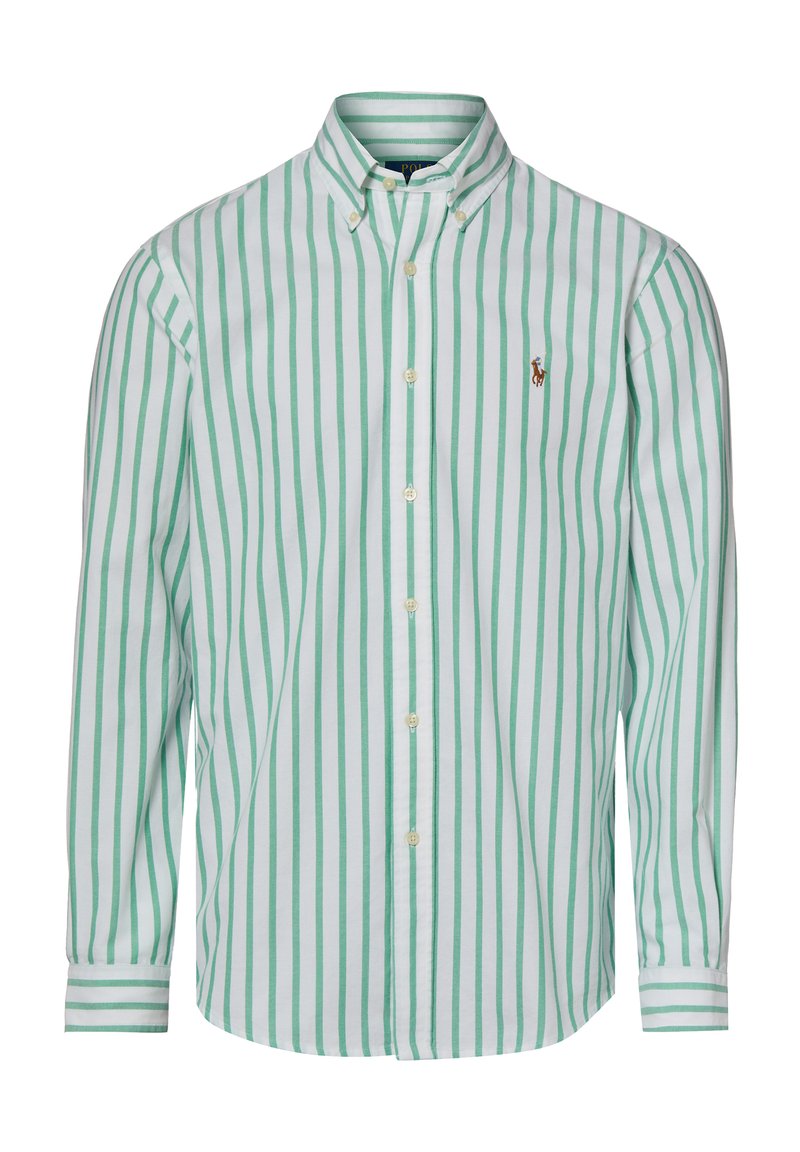 Long-sleeve button-up shirt with vertical green and white stripes, button-down collar, and small embroidered logo on left chest.
