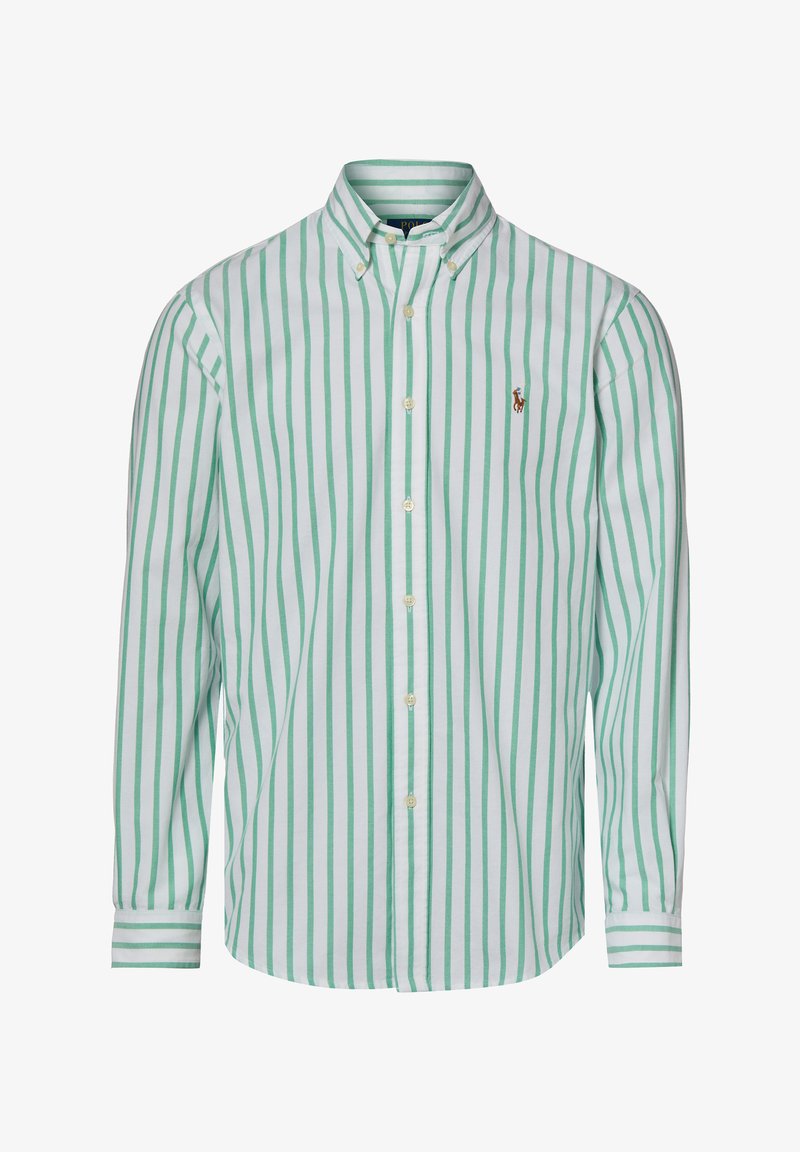 Long-sleeve button-up shirt with vertical green and white stripes, button-down collar, and small embroidered logo on left chest.