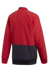 Red and black jacket featuring a solid color design, ribbed collar, and elasticized cuffs and hem. Made from durable fabric with a textured feel.