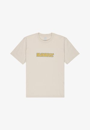 Camiseta de algodón beige con un gráfico colorido y estilizado de "ELEMENT" en el frente. Diseño de manga corta y cuello redondo.